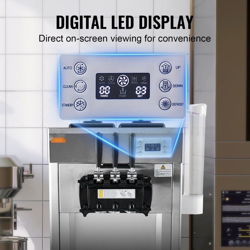 Pehmytjäätelökone ruostumatonta terästä kolme makua kaksi 4,3 litran säiliötä 21–31 litraa tunnissa