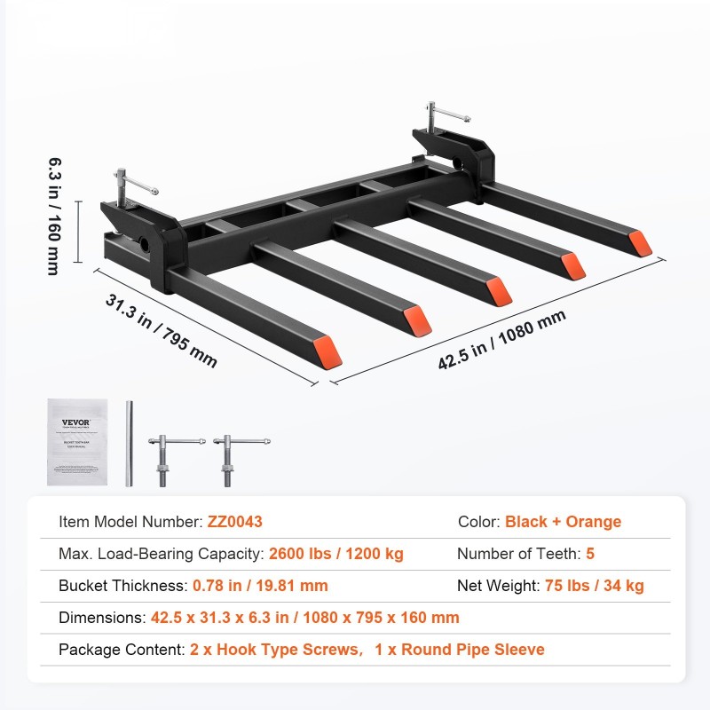 Puristettavat roskahaarukat 48 tuuman kauhaan Q235 seosteräs 1200 kg