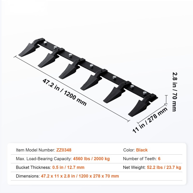 Kauhan hammastanko Q345 seosteräs 1200 mm 6 hammasta 2000 kg traktorille
