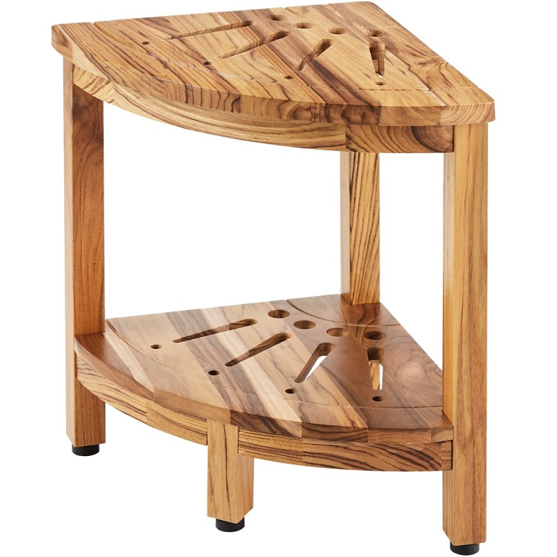 Kulmasuihkupenkki sata prosenttia massiivista teak-puuta seitsemäntoista tuumaa korkea alahylly