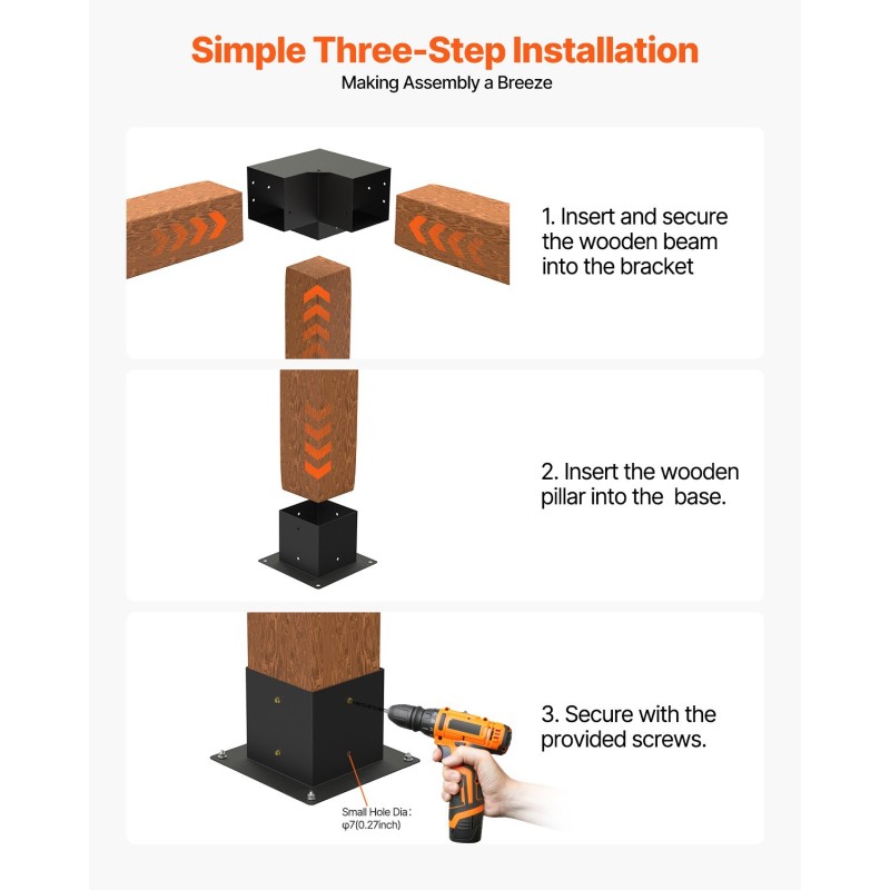 Pergola-kulmakannattimet hiiliteräksiset 3-suuntaiset 142 x 142 mm 8 kpl puupalkkeihin