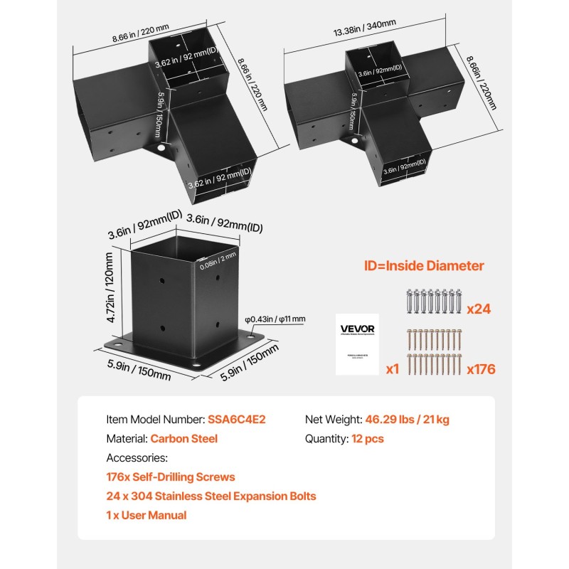 Pergolakulmasarja hiiliteräs 92x92 mm puupalkkeihin 3- ja 4-suuntaiset 6 pylväjalustaa