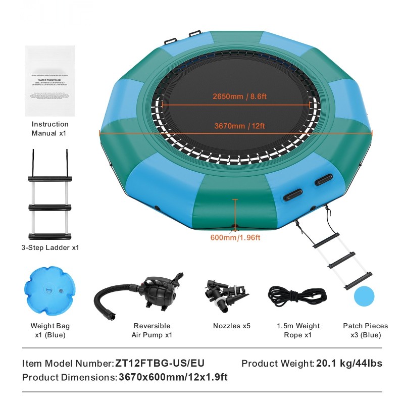 Ilmatäytteinen vesitrampoliini PVC-kangas 3,67-metrinen kolmiportaisella tikkaalla ja sähköpumpulla