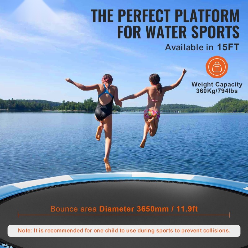 Kelluva vesitrampoliini 4,7 m paksu PVC-kangas 600 W ilmapumpulla kolmiaskeliset tikkaat