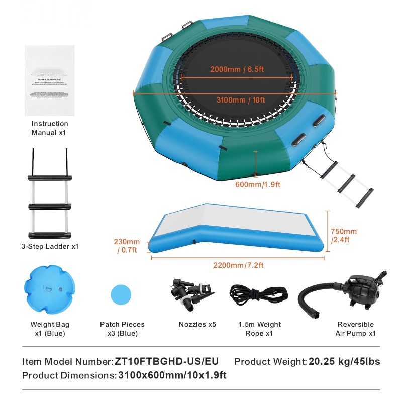 Ilmatäytteinen vesitrampoliini 3,1 metriä paksu PVC-kangas liukumäki kolmiportainen tikas sähköinen ilmapumppu