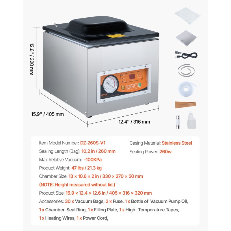 Kammio vakuumikone ruostumatonta terästä 260 wattia 260 millimetrin tiivistyspituus kotikäyttö ja ammattikäyttö