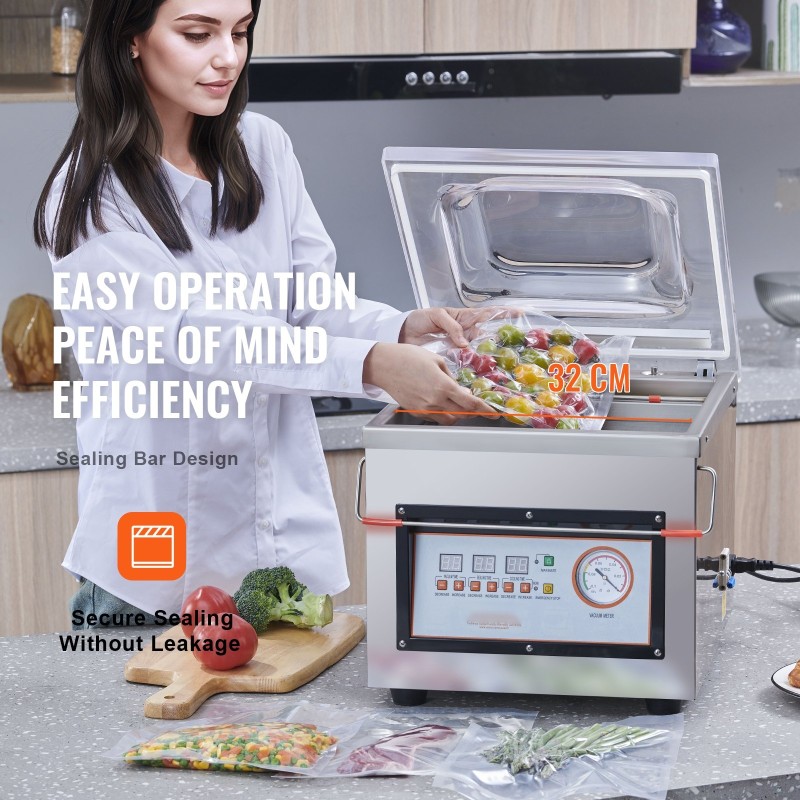 Kammio-tyhjiöpakkauskone ruostumatonta terästä 320 millimetrin sulkupituus 320 watin sulkuteho kotikeittiöön ja ammattikäyttöön