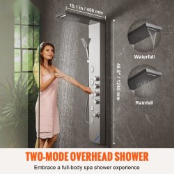 Seinäasennettava suihkupaneeli 304-ruostumattomasta teräksestä 4 suihkutilaa 5 vartalosuihkujettiä käsisuihku 1,5 m letku