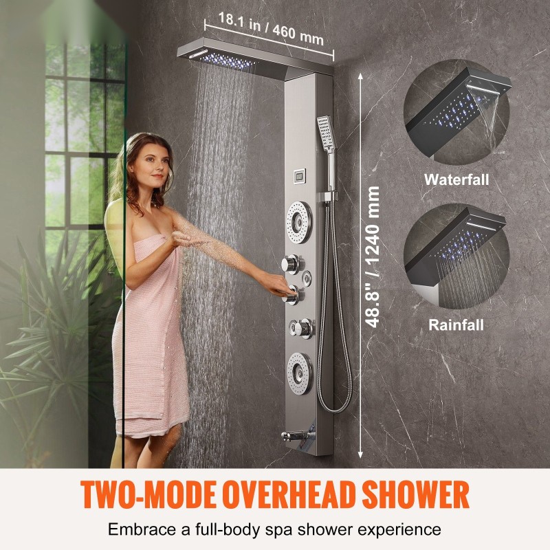 Suihkupaneeli ruostumattomasta teräksestä seinään asennettava 6 suihkutilaa 4 vartalohierontasuutinta LED