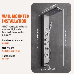 Suihkupaneeli ruostumattomasta teräksestä seinään asennettava 6 suihkutilaa 4 vartalohierontasuutinta LED