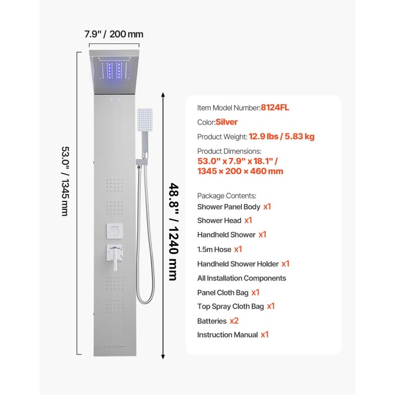 Suihkupaneeli 53 tuuman harjattu ruostumaton teräs 5-toiminen LED seinäasennus