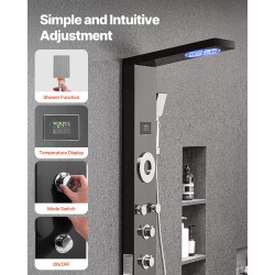 Seinäasennettava suihkupaneeli harjattu ruostumaton teräs 53 tuumaa musta LED-valaistu 5 vartalosuutinta