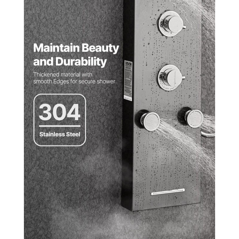 Seinäasennettava suihkupaneeli harjattu ruostumaton teräs 53 tuumaa musta LED-valaistu 5 vartalosuutinta