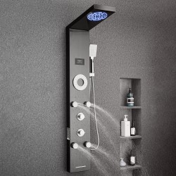 Seinäasennettava suihkupaneeli harjattu ruostumaton teräs 53 tuumaa musta LED-valaistu 5 vartalosuutinta