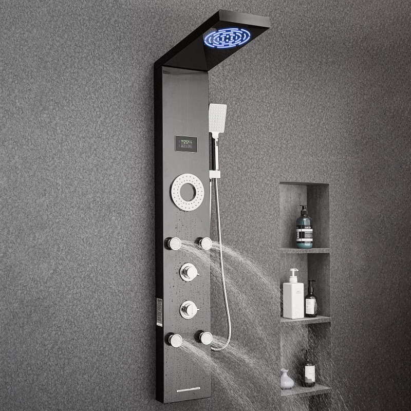 Seinäasennettava suihkupaneeli harjattu ruostumaton teräs 53 tuumaa musta LED-valaistu 5 vartalosuutinta