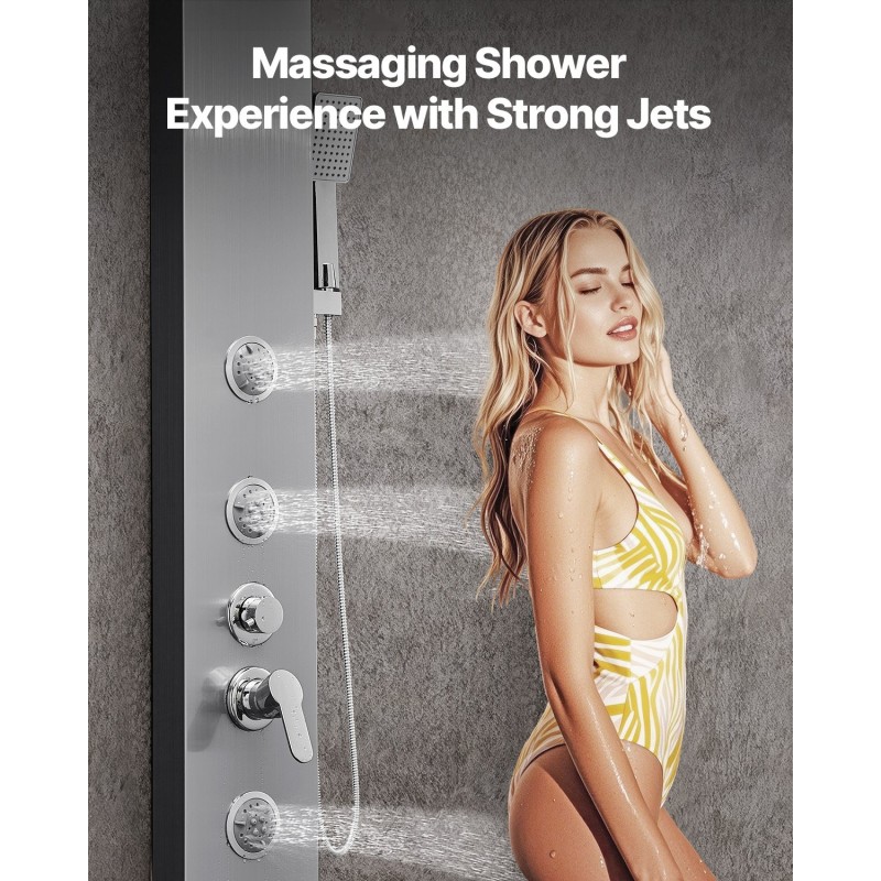 Seinäasennettava suihkupaneeli harjattu ruostumaton teräs 1345 mm 5-toiminen 3 vartalosuutinta