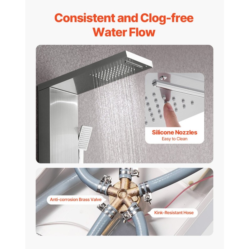 Seinäasennettava suihkupaneeli harjattu ruostumaton teräs 1345 mm 5-toiminen 3 vartalosuutinta