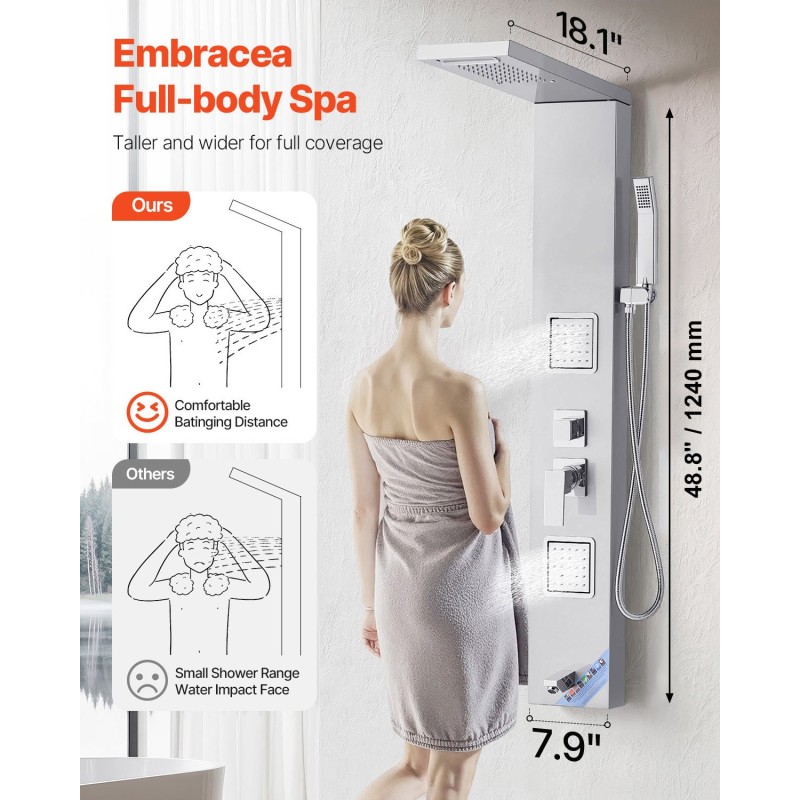 Suihkupaneeli harjattu ruostumaton teräs 1345 mm sadesuihku vesiputoussuihku 2 vartalosuutinta käsisuihku