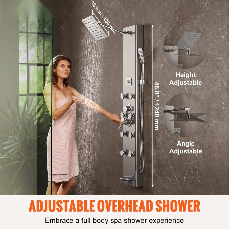 Seinäasennettava ruostumaton teräs suihkupaneeli digitaalinen näyttö sade kahdeksan hierontasuutinta kolmitilainen käsisuihku