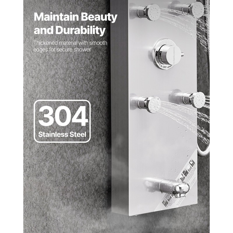 Seinäasennettava harjattu ruostumaton teräs suihkupaneeli 1240 mm kattosuihku 6 kehosuutinta käsisuihku ammehana