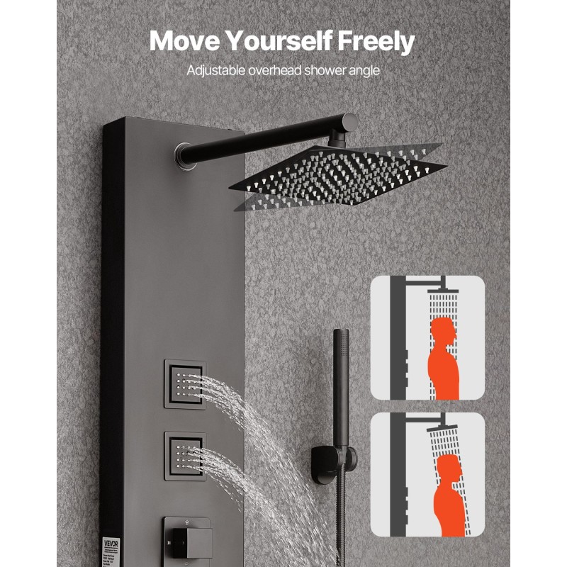 Suihkupaneeli harjattu ruostumaton teräs 1240 mm korkeus musta seinäkiinnitys kattosadesuihku neljä vartalosuutinta