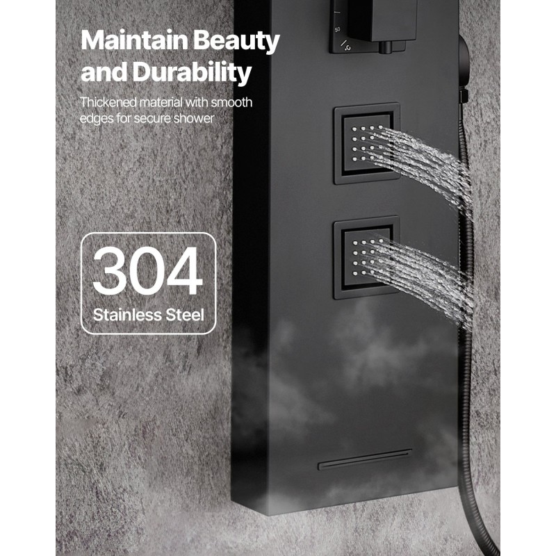 Suihkupaneeli harjattu ruostumaton teräs 1240 mm korkeus musta seinäkiinnitys kattosadesuihku neljä vartalosuutinta