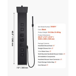 Suihkupaneeli harjattu ruostumaton teräs 1240 mm korkeus musta seinäkiinnitys kattosadesuihku neljä vartalosuutinta