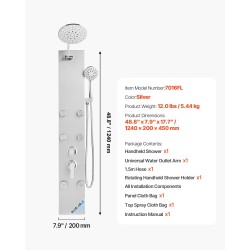 Seinäasennettava suihkupaneeli harjatusta ruostumattomasta teräksestä 124 cm sadesuihku käsisuihku 6 vartalosuutinta