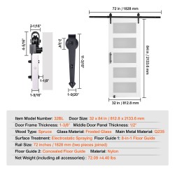 Puinen liukuovi 762×2134 mm kuusipuinen runko himmeä karkaistu lasi kiskosarja