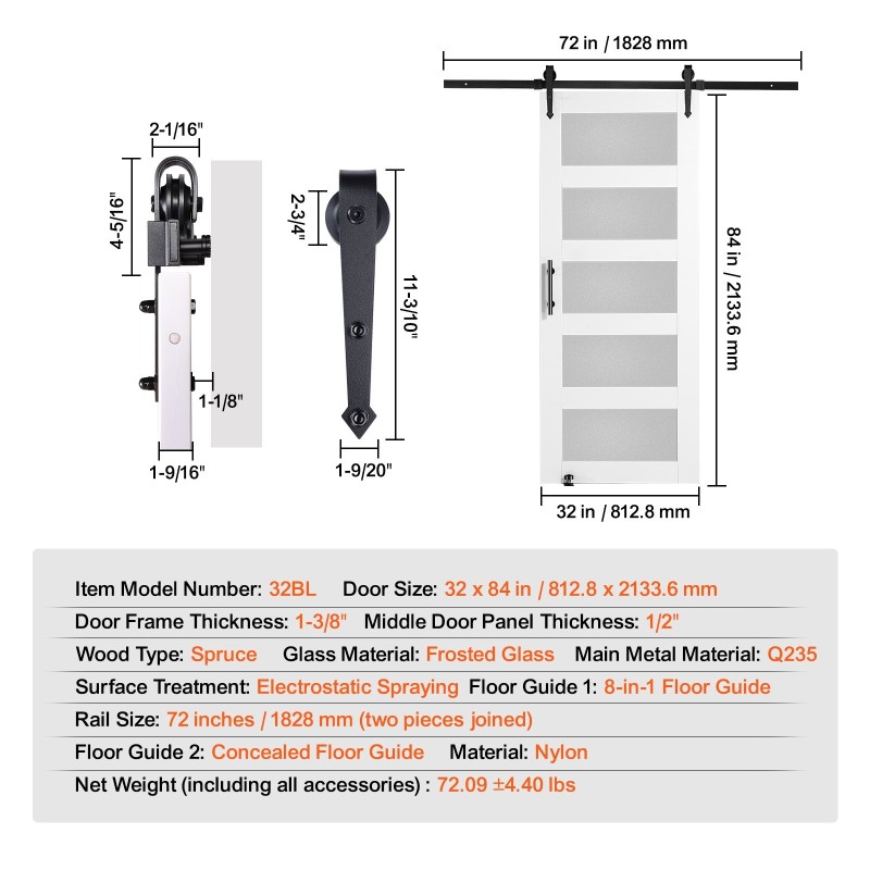 Liukuovi kuusipuusta ja huurrelasista 813x2134 mm kiskosarjalla