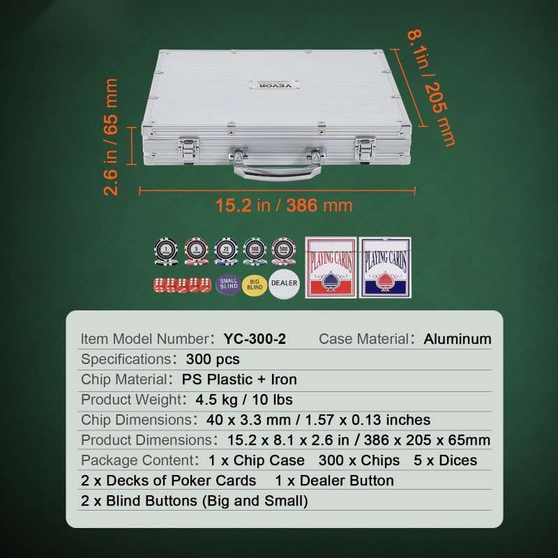Pokerisetti 300 kpl 11,5 g pelimerkkejä alumiinisalkussa kortit mukana