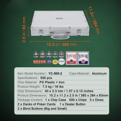 Pokerisetti 500 kappaleen 11,5 gramman painoiset kasinomerkit alumiinikotelossa korteilla