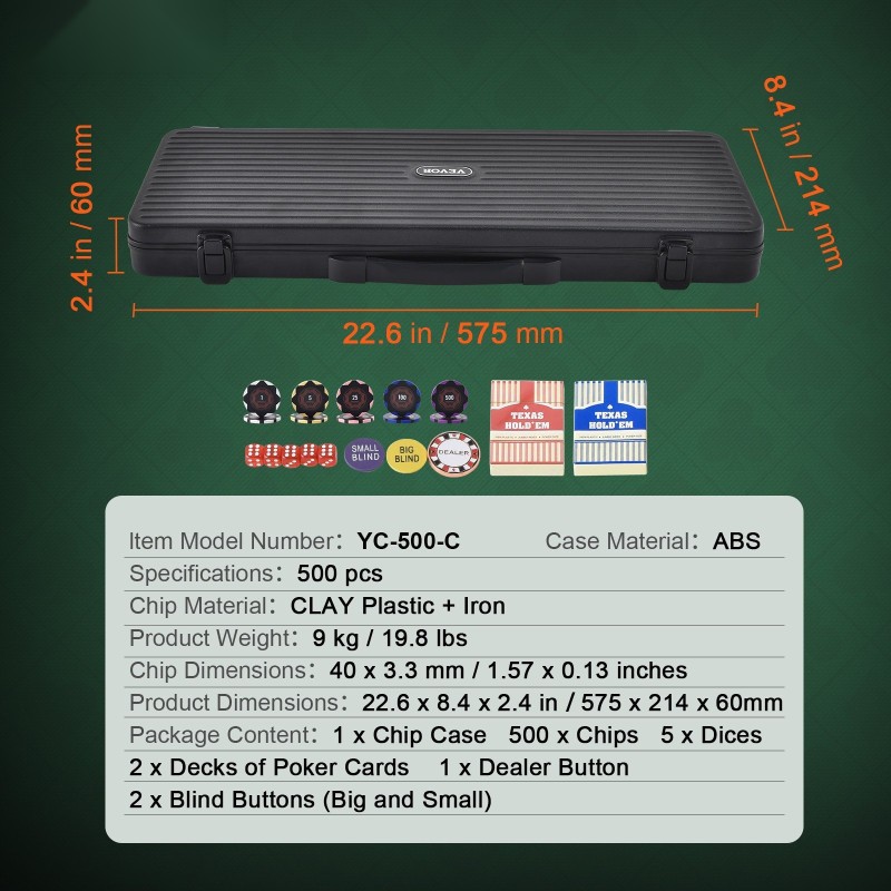 Pokerisetti 500 pelimerkkiä 14 gramman painoiset savipohjaiset merkit ABS-salkulla