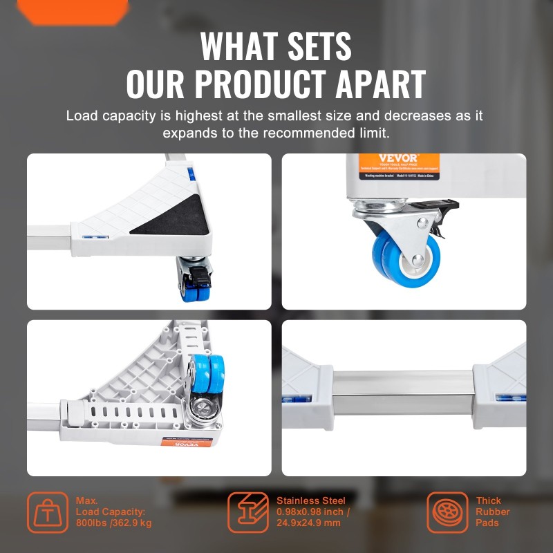 Säädettävä kodinkonejalusta ruostumatonta terästä pyörillä 381–615 mm