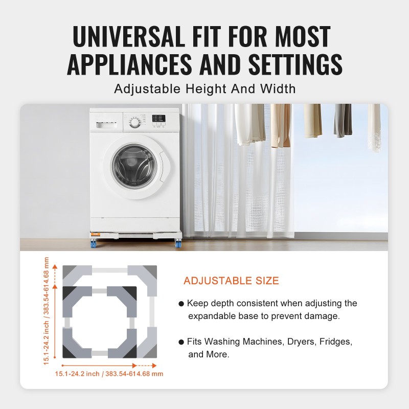 Säädettävä kodinkonejalusta ruostumatonta terästä pyörillä 381–615 mm