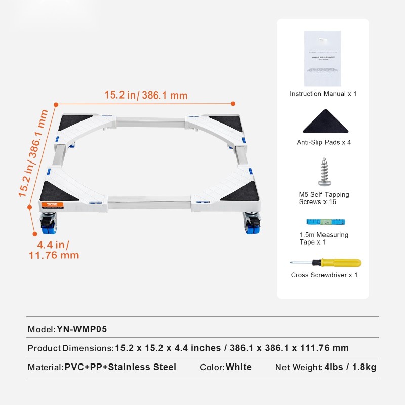 Säädettävä kodinkonejalusta ruostumatonta terästä pyörillä 381–615 mm