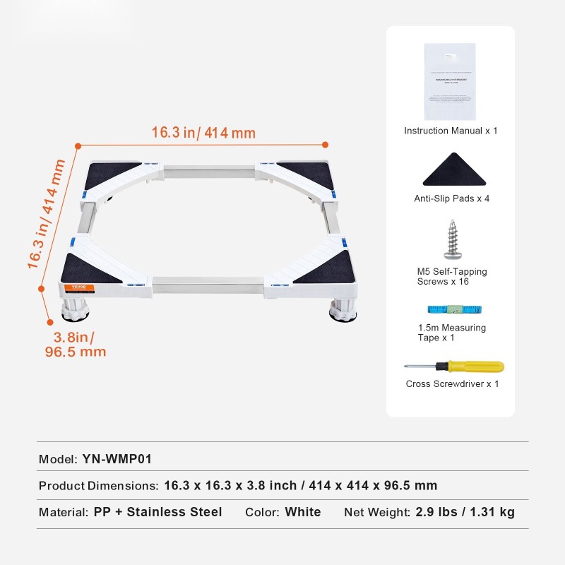 Säädettävä laitetaso pesukoneelle kuivausrummulle jääkaapille polypropeeni ja ruostumaton teräs 414–691 mm