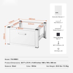 Pyykinpesukoneen jalusta kylmävalssattu teräs 299kg kantavuus 406mm nostokorkeus lisäsäilytila tärinää vaimentava