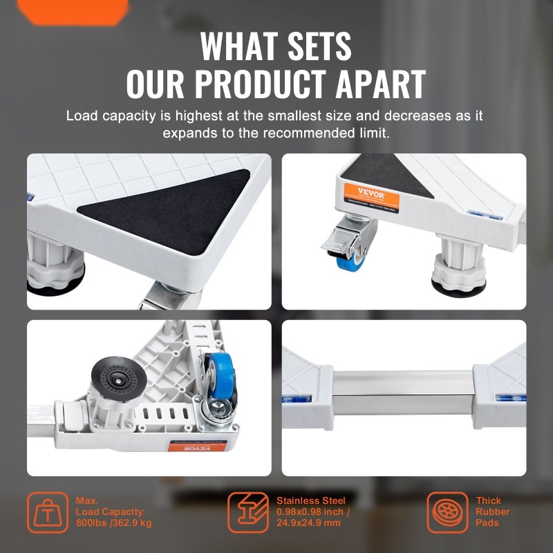 Säädettävä pesukone- ja jääkaappialusta 414–691 mm ruostumatonta terästä pyörillä