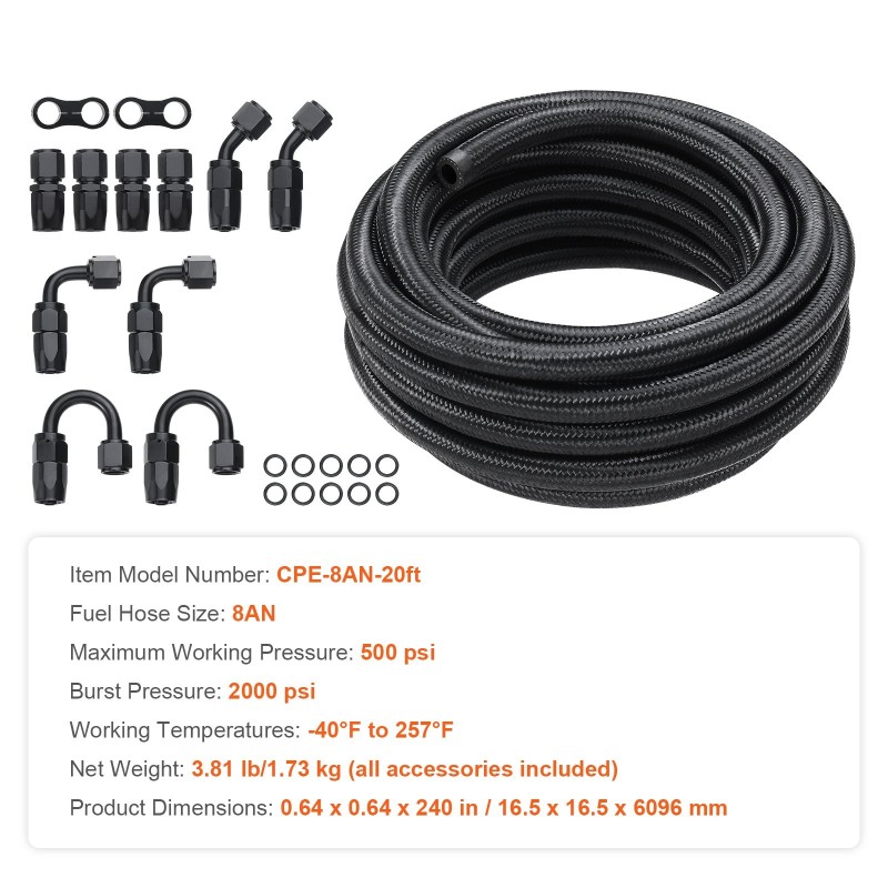 Polttoaineletkusarja 8AN 6 m nylon ja ruostumaton teräspunos 12 kääntyvää liitintä