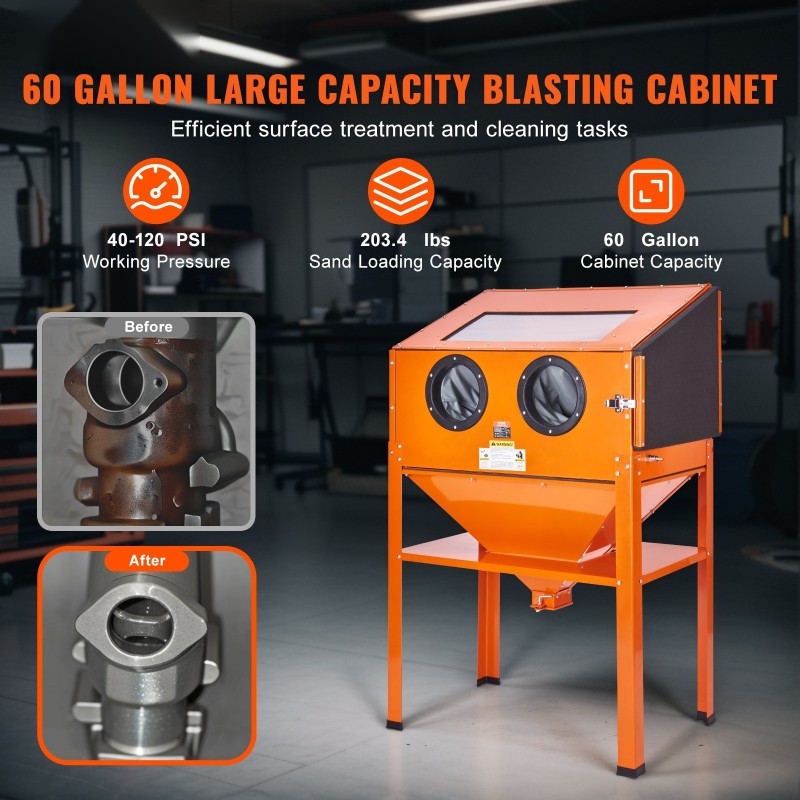 Hiekkapuhalluskaappi kylmävalssatusta teräksestä 227,1 l jaloilla puhalluspistoolilla 4 keraamista suutinta