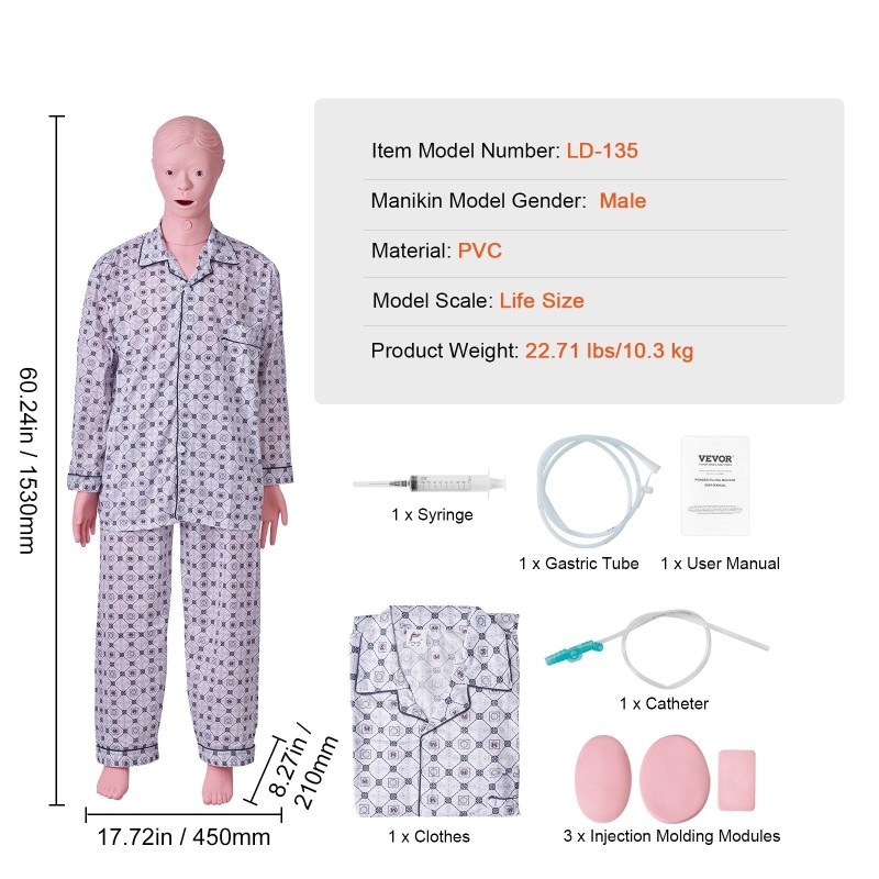 Hoitotyön harjoitusnukke miespuolinen luonnollisen kokoinen PVC koko kehon malli
