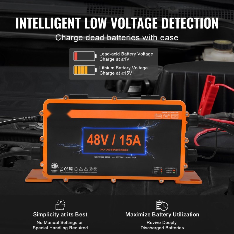 Golfkärryn akkulaturi 48V 15A alumiiniseoskotelo IP67-suojattu ETL-sertifioitu G29-pistoke