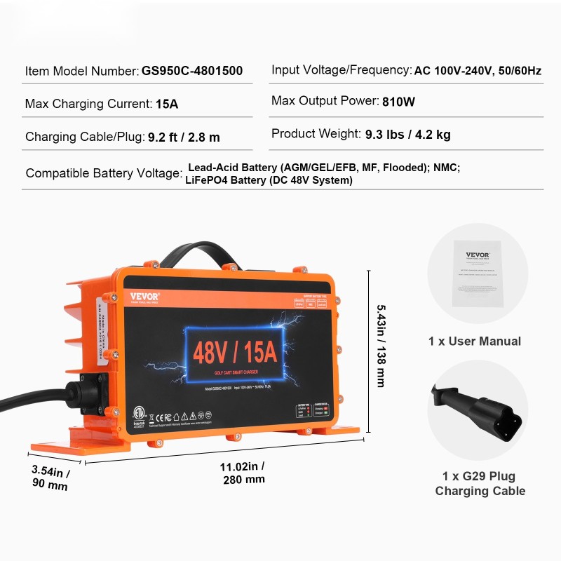 Golfkärryn akkulaturi 48V 15A alumiiniseoskotelo IP67-suojattu ETL-sertifioitu G29-pistoke