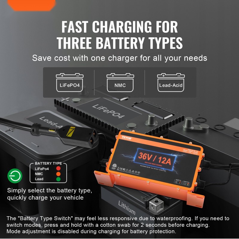 Golfkärryn 36V akkulaturi 12A IP67 yhteensopiva lyijyakuille NMC LiFePO4 D-tyypin liitin ETL-sertifioitu