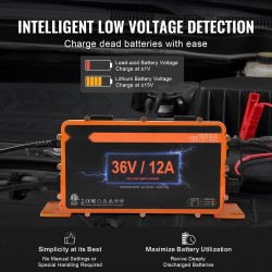 Golfkärryn 36V akkulaturi 12A IP67 yhteensopiva lyijyakuille NMC LiFePO4 D-tyypin liitin ETL-sertifioitu