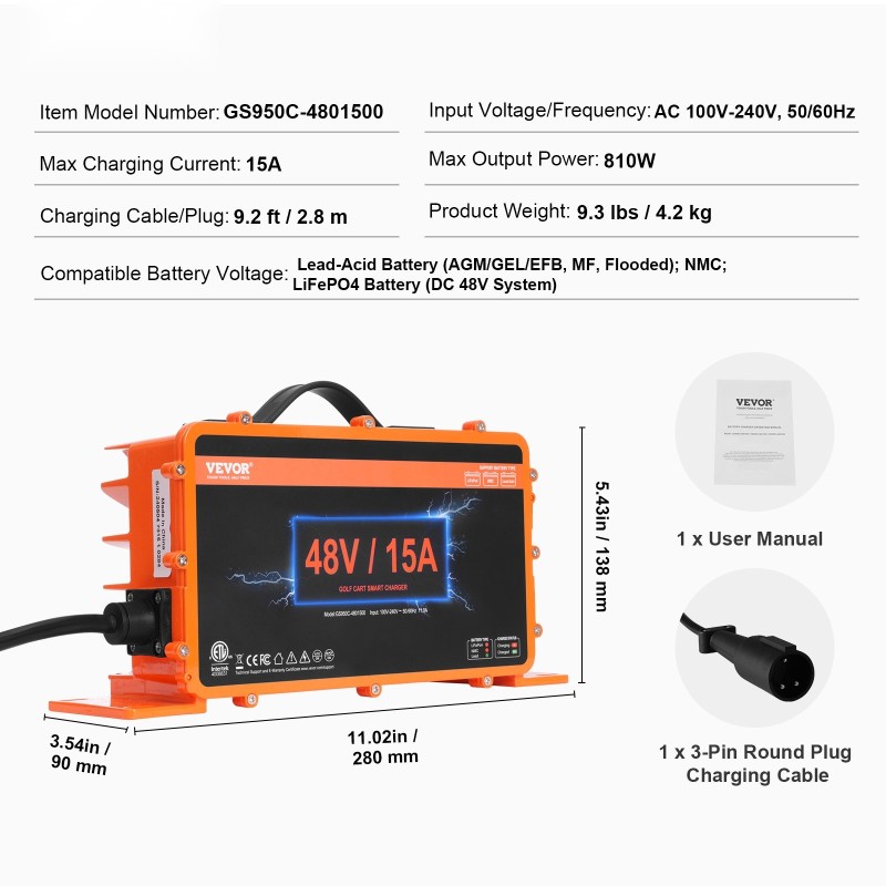 48 V golfkärryn akkulaturi 15 A kolminapainen liitin IP67 alumiinikotelo