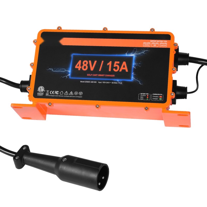 48 V golfkärryn akkulaturi 15 A kolminapainen liitin IP67 alumiinikotelo