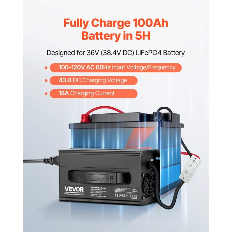 36V LiFePO4-laturi 18A 43.8V alumiiniseoskotelo Anderson-liitin 0V-aktivointi veneisiin ja matkailuautoihin
