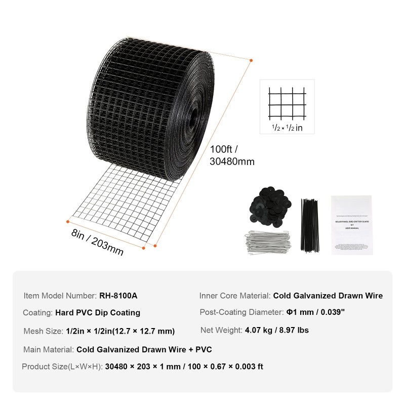 Aurinkopaneelien lintusuoja galvanoidusta teräslangasta kova PVC-upotuspinnoite 20×3048 cm rulla 70 kpl